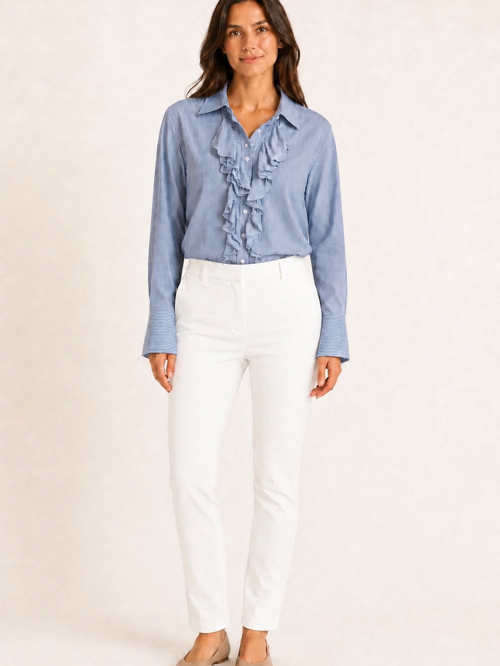 Karl Lagerfeld Blue & White Striped Ruffle Blouse XL